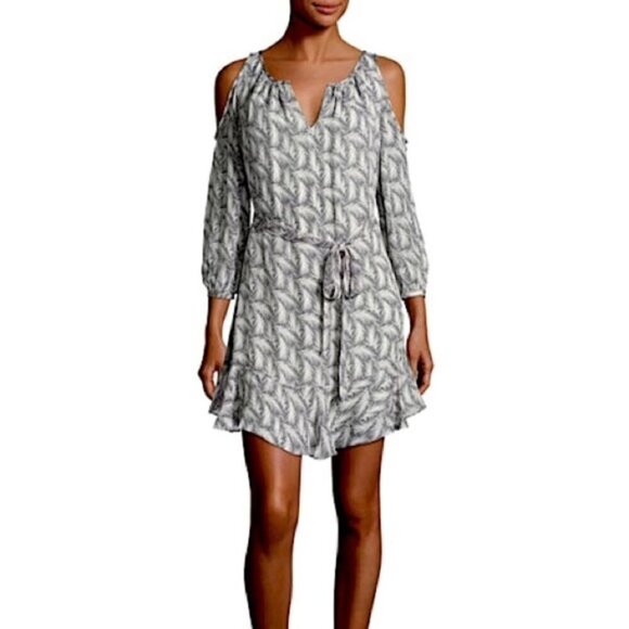 NWT Joie | 100% Silk Isaline Cold Shoulder Feather Mini Dress - Size M - Picture 1 of 13